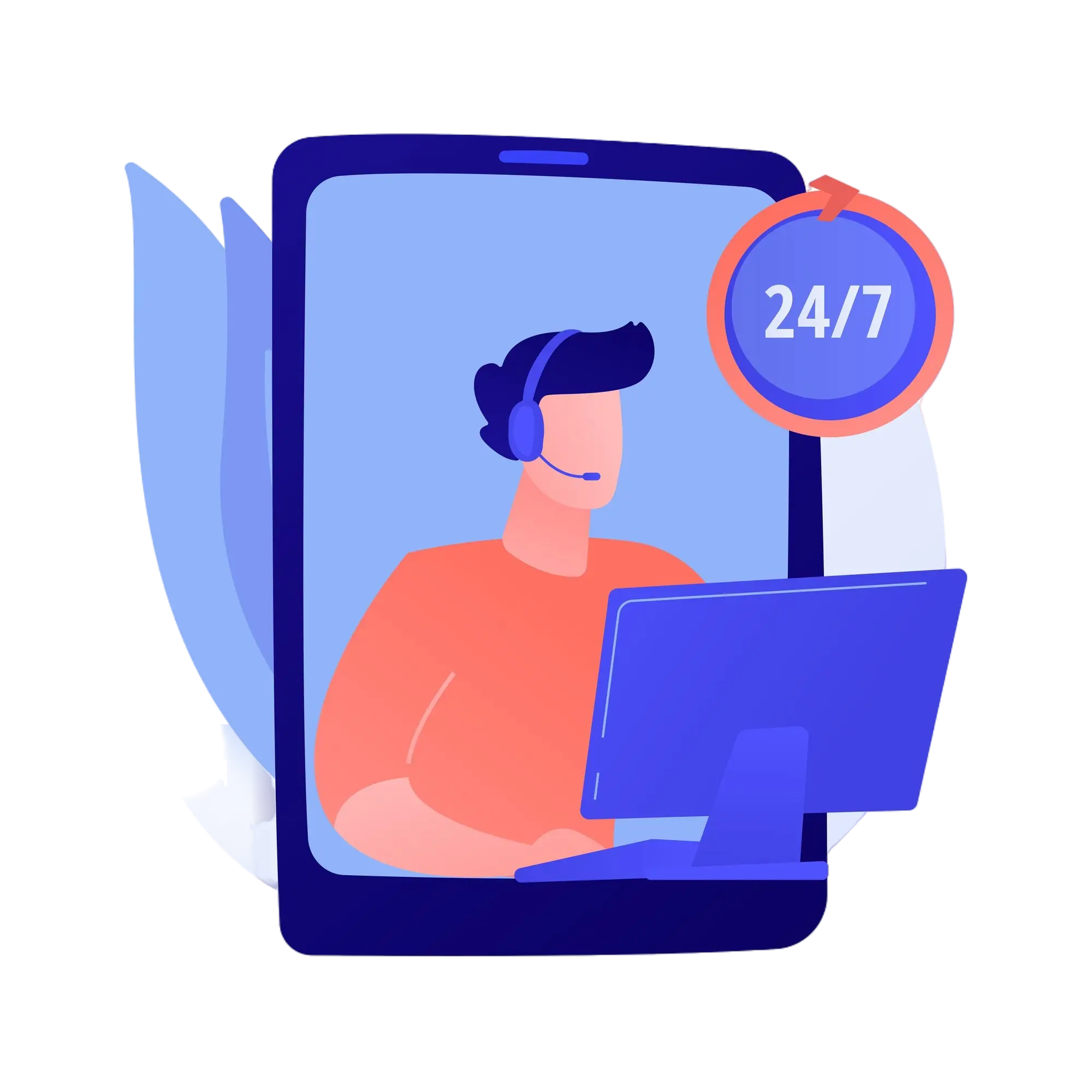 Person wearing a headset and sitting in front of a computer screen, inside a large smartphone with a 24/7 icon