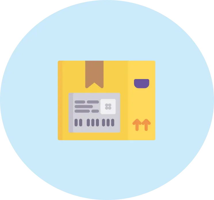 Yellow package with a label, brown tape seal, and two upward-pointing arrows on a light blue circular background
