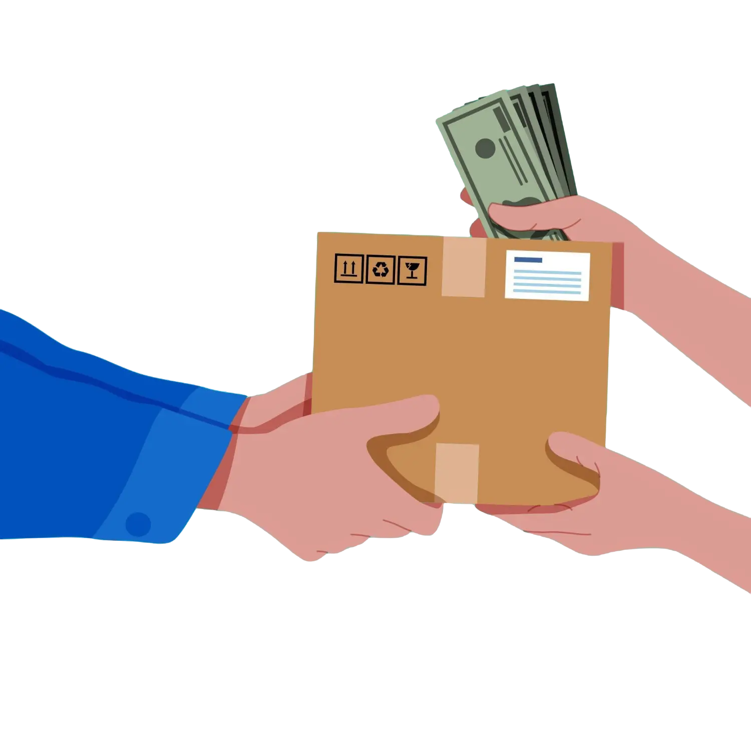 Person handing a package to another person in exchange for cash